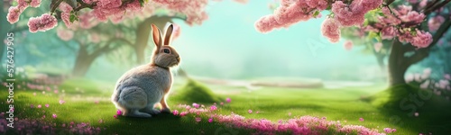 Cute little rabbit for easter spring holiday, spring holiday banner illustration. Nice rabbit sitting on the meadow grass grass. spring flower meadow photo