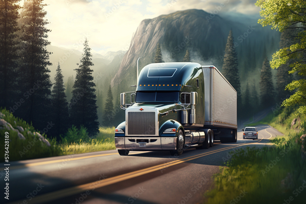 A semi-truck travels through a scenic land, Generative AI
