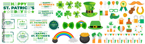 Happy St. Patrick's Day elements mega set with green clover, shamrock, green ale, gold coins pot, and rainbow on white background. St. Patrick's Day typography mega bundle. Saint Patrick's Day bundle. photo
