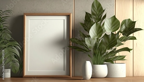 Blank picture frame mockup with green flowers on grey wall with shadow. Vertical template for artwork