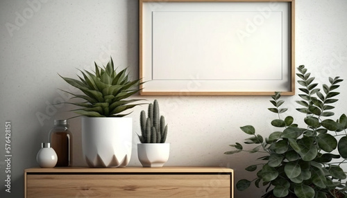 Blank picture frame mockup with green flowers on white wall with shadow. Vertical template for artwork