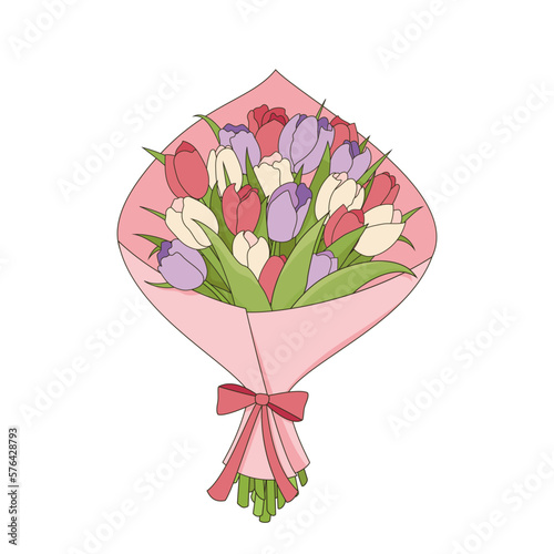 Decorated bouquet in pink paper of spring flowers on white. Bunch of red, purple and white tulips. Vector illustration for International Women's Day on March 8 or happy birthday in flat style