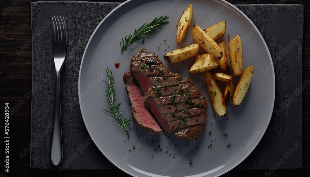 From a bird's-eye view, a succulent sirloin steak grilled to perfection and crispy potatoes are arranged on a pristine white dish. Generative AI