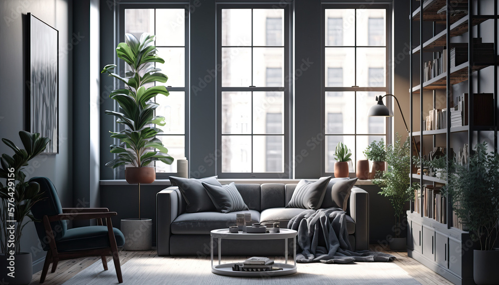 In this modern living room, a set of gray couches takes center stage, with a large window and a sleek shelf module completing the stylish design. Generative AI