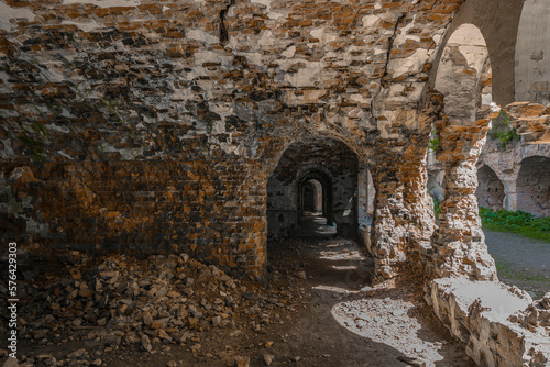 Brick ruins and ruined rooms of old fortification fort outpost. Popular monument of military history and travel destination, Tarakaniv, Ukraine