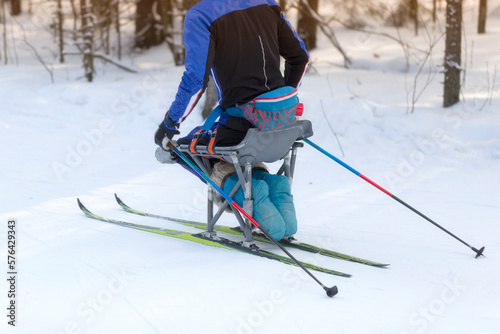 A disabled man goes cross-country skiing in winter through the forest on a special track.