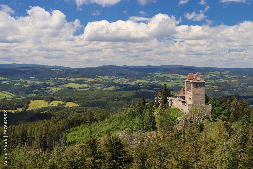 A view to the old castle Kasperk and surrounding landscape at Kasperske hory, Czech republic