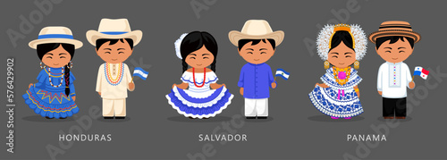 Honduras, Salvador, Panama ethnic costume. Woman wearing traditional dress, man with national flag. Latin American couple. Vector flat illustration.