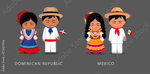 Dominican Republic, Mexico ethnic costume. Woman wearing traditional dress, man with national flag. Latin American couple. Vector flat illustration.