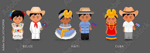 Belize, Haiti, Cuba ethnic costume. Woman wearing traditional dress, man with national flag. Latin American couple. Vector flat illustration.