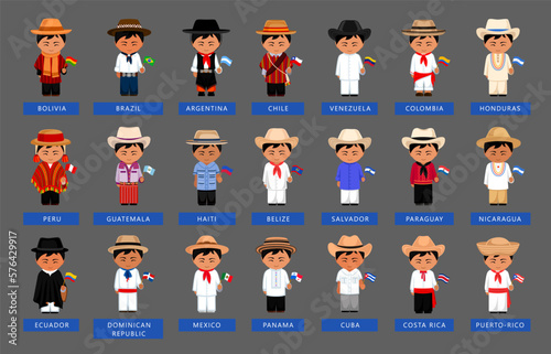 Big set of Latin American men wearing ethnic clothes with natoinal flag. Male cartoon characters in traditional costume. South and Central America. Vector flat illustration.