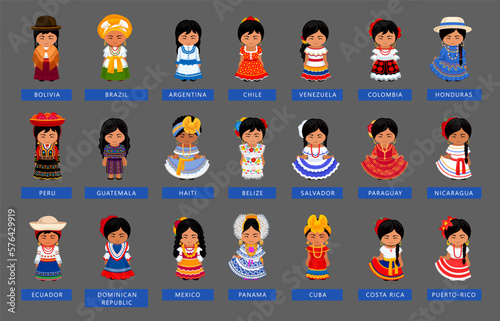 Big set of Latin American women wearing national ethnic dress. Female cartoon characters in traditional costume. Folk clothes. South and Central America. Vector flat illustration.