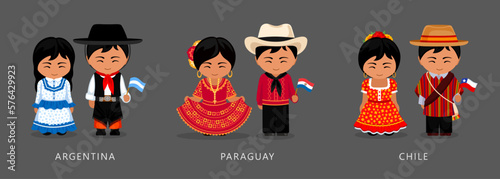 Argentina, Paraguay, Chile ethnic costume. Woman wearing traditional dress, man with national flag. Latin American couple. Vector flat illustration.