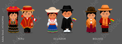 Peru, Ecuador, Bolivia ethnic costume. Woman wearing traditional dress, man with national flag. Latin American couple. Vector flat illustration.