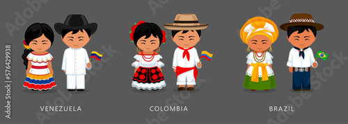 Venezuela, Colombia, Brazil ethnic costume. Woman wearing traditional dress, man with national flag. Latin American couple. Vector flat illustration.