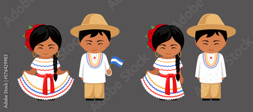 Woman and man in Nicaragua national costume. Nicaraguans couple, cartoon characters in traditional ethnic clothes. Flat vector illustration.