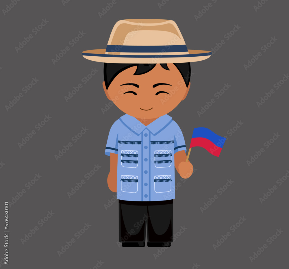 Obraz premium Haitian male cartoon character in traditional ethnic costume with national flag. Man in Haiti clothes. Latin americans. Isolated flat vector illustration.
