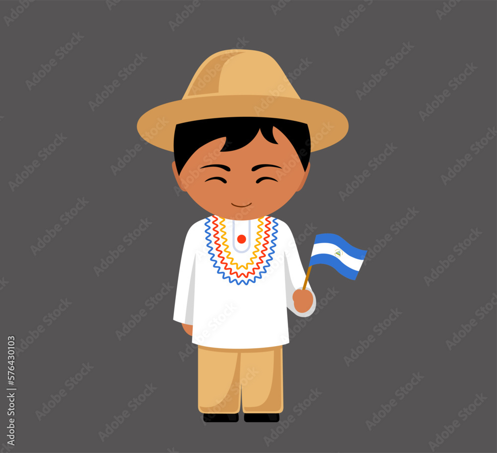 Nicaraguan male cartoon character in traditional ethnic costume with national flag. Man in Nicaragua clothes. Latin americans. Isolated flat vector illustration.