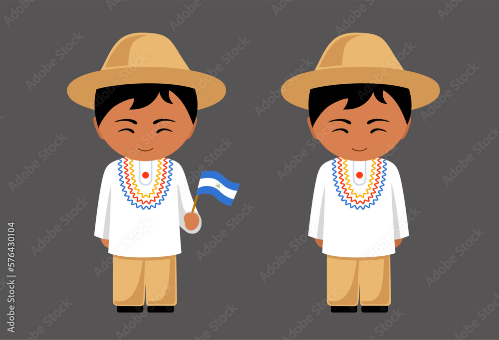 Male cartoon character in traditional ethnic costume with national flag. Man in Nicaragua clothes. Latin americans. Isolated flat vector illustration.