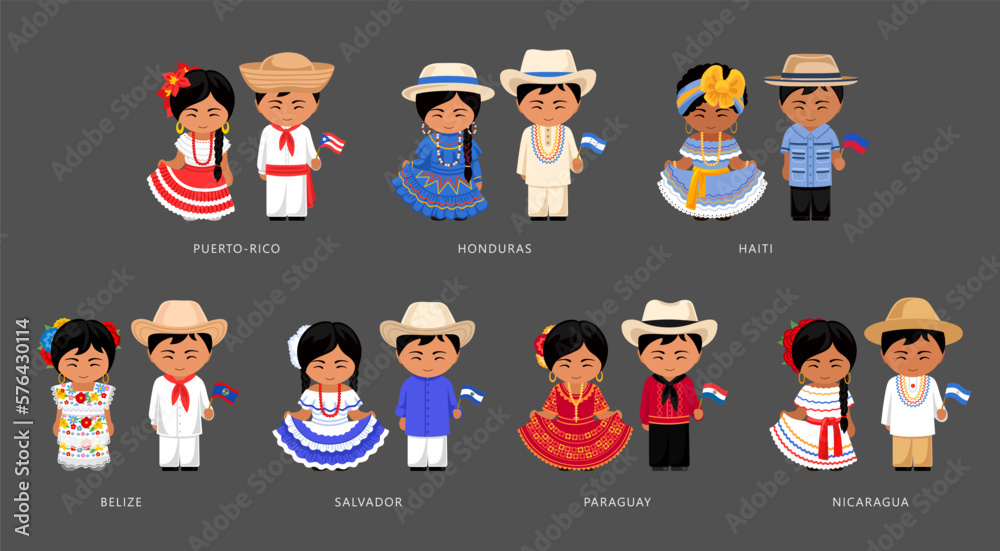 Latin Americans wearing national costume. Belizeans, Salvadorans ...
