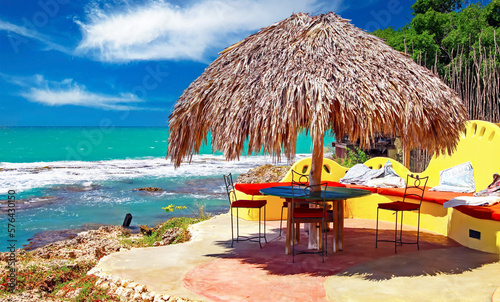 Empty colorful caribbean sun terrace, palm leaves umbrella, yellow seat bench, turquoise tropical sea waves, boutique hotel resort - jamaican rocky shore - Jamaica, Treasure beach