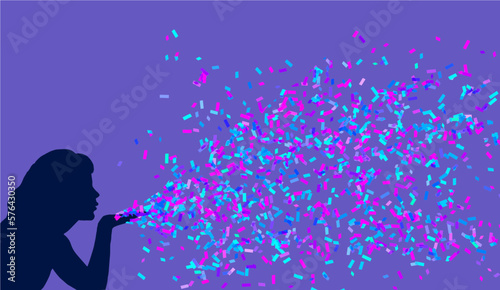 A woman blows colorful confetti into the air in this vector illustration about celebrations.