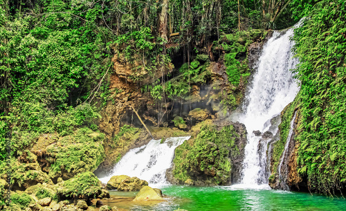 Natural green water pool, rocks jungle forest waterfall - YS falls, Jamaica