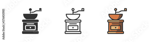 Hand coffee grinder icon on light background. Breakfast symbol. Vintage, old, coffee beans, kitchen, coffee shop, cafe. Outline, flat and colored style. Flat design. Vector illustration. photo