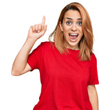 Hispanic young woman wearing casual red t shirt pointing finger up with successful idea. exited and happy. number one.