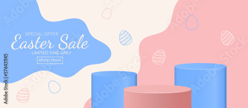 Easter eggs podium with 3d vector in blue and pink scene background. Easter day with geometry platform for product presentation. Stand to show cosmetic products. Stage showcase on pedestal