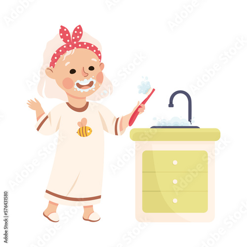 Cute little girl brushing her teeth. Happy kid doing everyday hygiene activities cartoon vector illustration