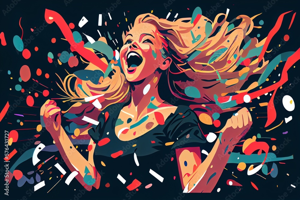 A Young Girl In Love At A Party, Having Crazy Fun, Dancing Surrounded By Confetti. Beautiful Woman Enjoy Every Moment, A Smile On Her Face. Illustration. Generative AI A Young Girl In Love At A Party, Having Crazy Fun, Dancing Surrounded By Confetti. Beautiful Woman Enjoy Every Moment, A Smile On Her Face. Illustration. Generative AI