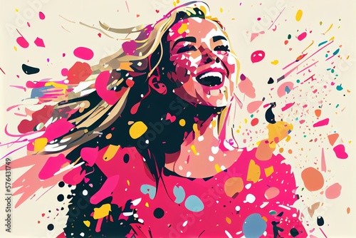 A Young Girl In Love At A Party, Having Crazy Fun, Dancing Surrounded By Confetti. Beautiful Woman Enjoy Every Moment, A Smile On Her Face. Illustration. Generative AI