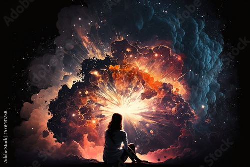 A women sits out looking at the universe expand and be created, Generative AI