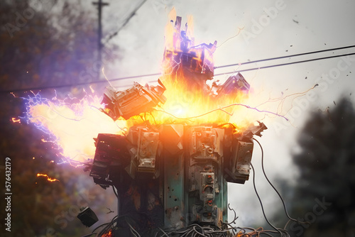 Explosion fire smoke and electrical short circuit on the networks of wires and transformer substation near the pole. Generative AI