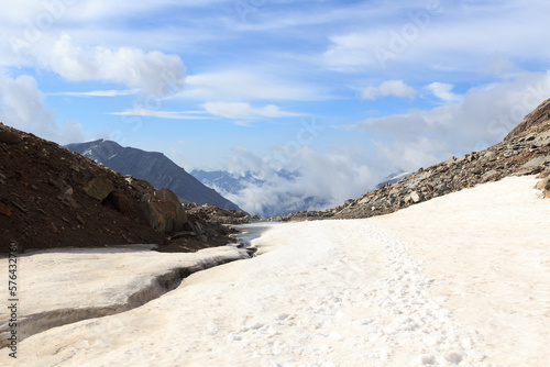 Mountain snow panorama seen from col Keilscharte in Glockner Group, Austria