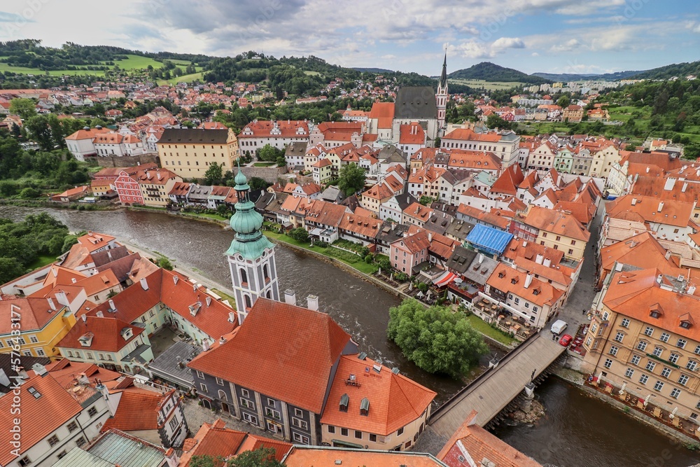 A view to the old town with St. Vitus Church in the center at Cesky Krumlov, Czech republic