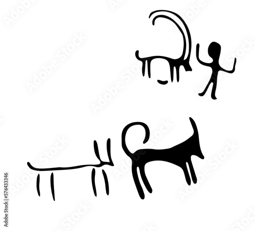 Vector illustration of rock paintings of people and cattle. Prehistoric rock petroglyphs discovered on the territory of Armenia