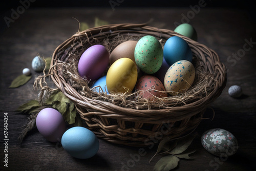 Easter eggs in basket, Generative AI