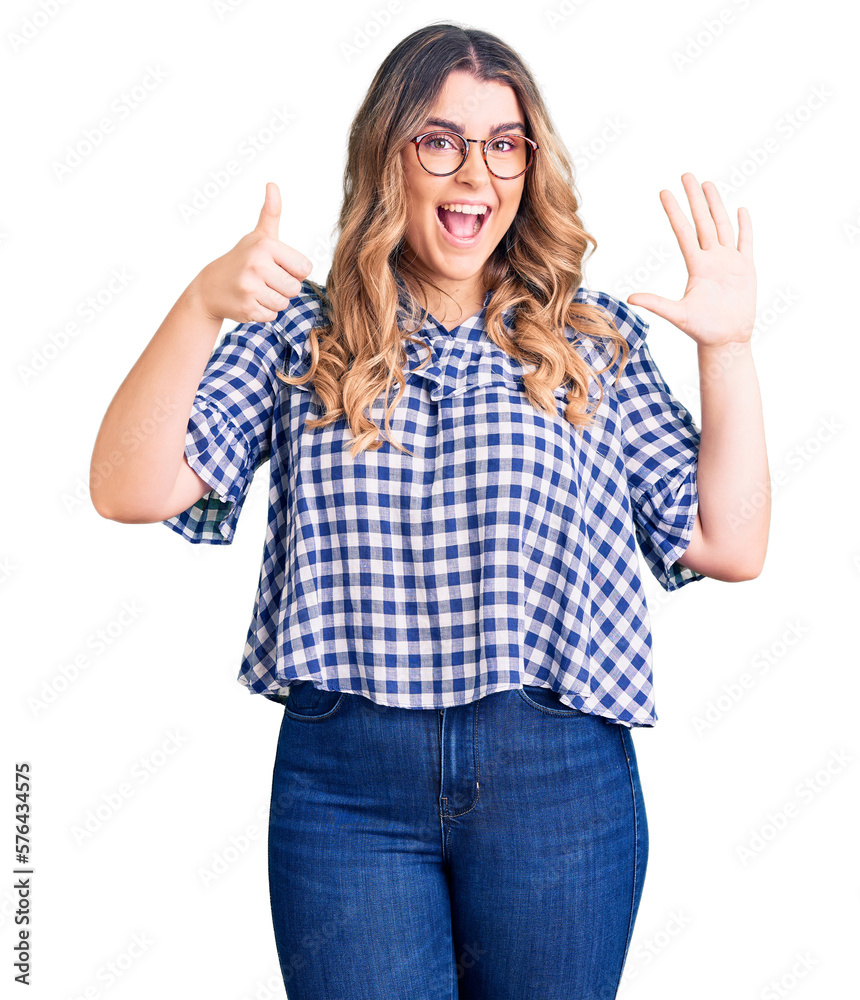 Young caucasian woman wearing casual clothes showing and pointing up with fingers number six while smiling confident and happy. Young caucasian woman wearing casual clothes showing and pointing up with fingers number six while smiling confident and happy.