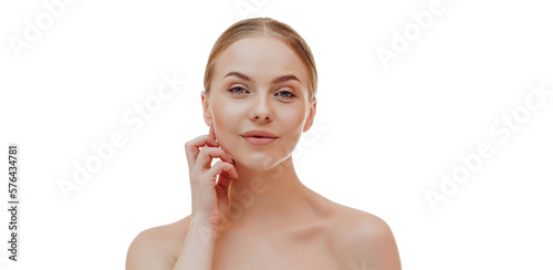 Beauty skin. Head and shoulders of blond woman model, touching glowing, hydrated facial skin, apply toner, skin cream or lotion for healthy look, after shower portrait, white background.