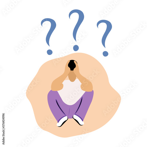 Man thinks. Boss. Question. Task. Question marks. Job. Business. What to do? Strategy. Business people. Help. Choise. Emotions. Finance