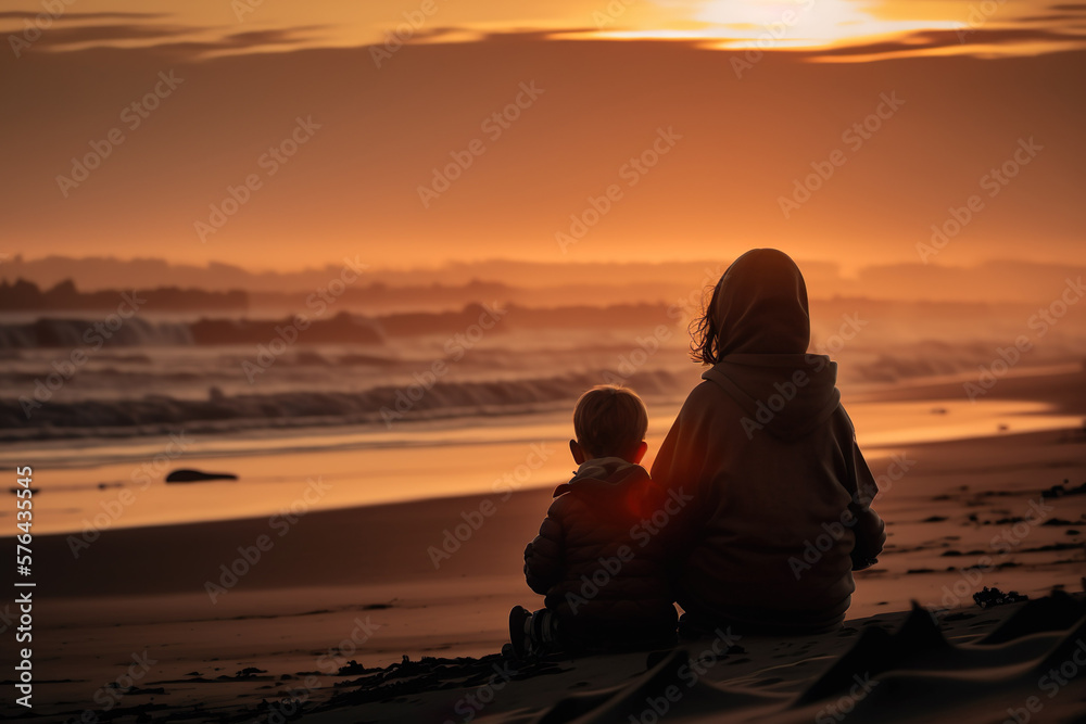 Mother and Son Enjoying Sunset on the Beach. Generative AI.