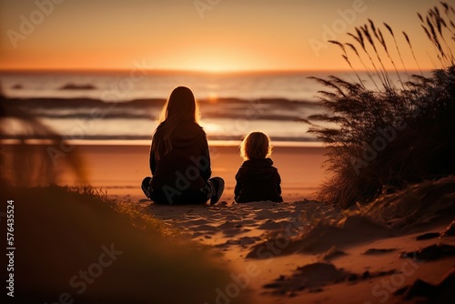 Mother and Son Enjoying Sunset on the Beach. Generative AI.