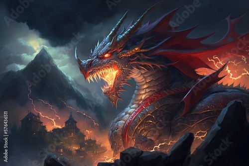 Furious dragon on fire, Fantasy dark world created with Generative AI technology