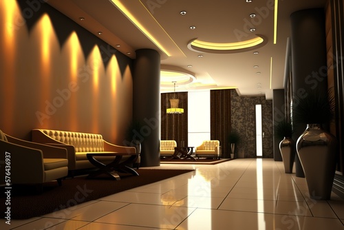 Modern design features in the hotel lobby.