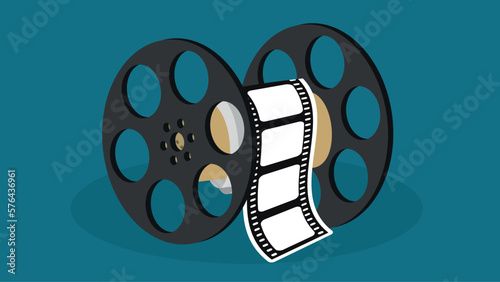 Film reel with film strip on a blue background. Vector illustration.