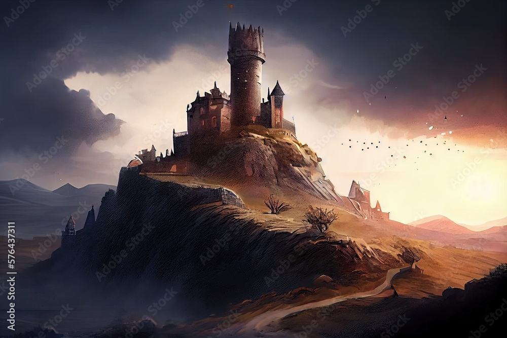Epic Medieval Castle on a Hill with Ancient Rural Village and Dark Skies - Digital Artwork Illustration Canvas. Generative AI