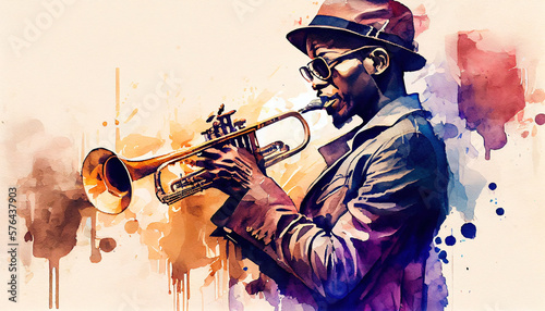 Músico afroamericano tocando la trompeta - Ilustración IA photo