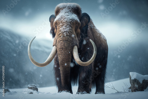Close-up of a mammoth in the snowy landscape. Generative AI photo